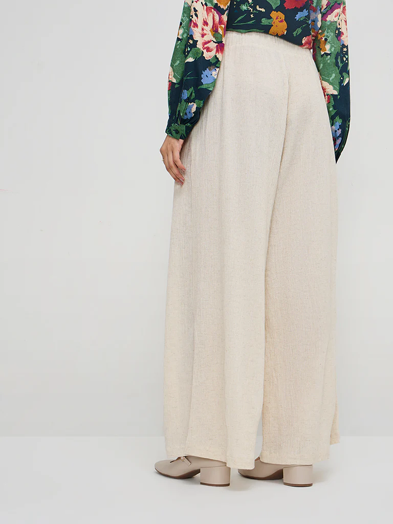 LOV Beige Crinkle-Textured High-Rise Cotton Blend Pants - Image 4