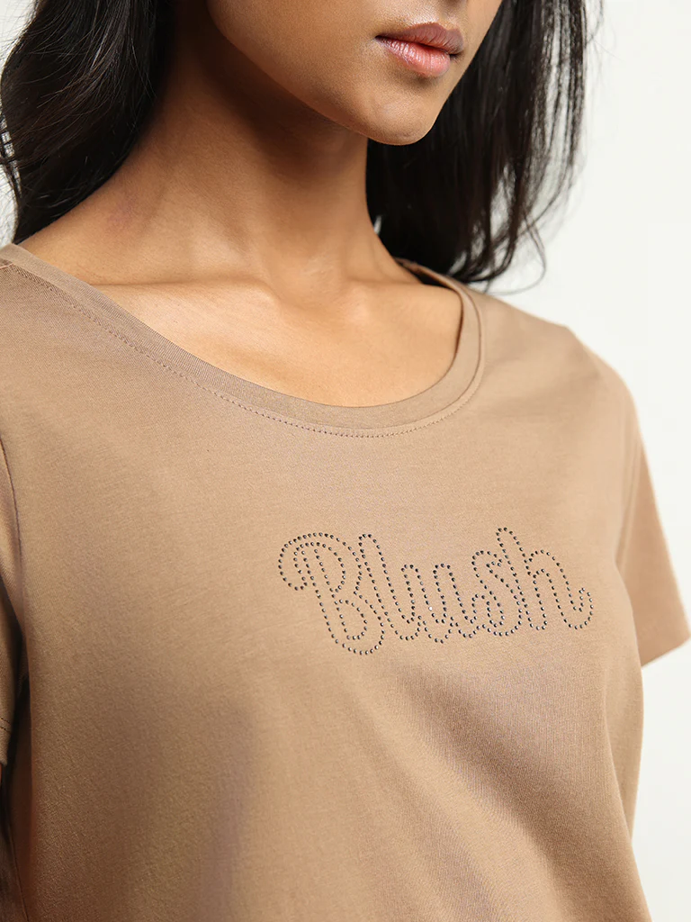 LOV Beige Embellished Cotton T-Shirt - Image 2