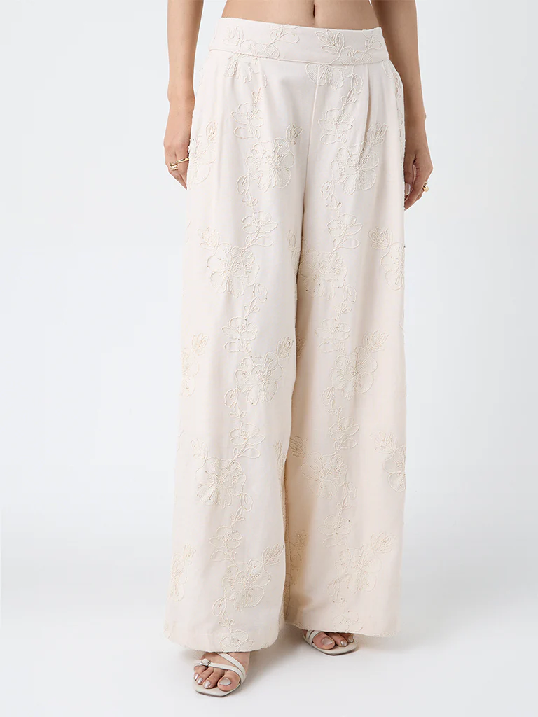LOV Beige Floral Embroidered High-Rise Trousers - Image 2