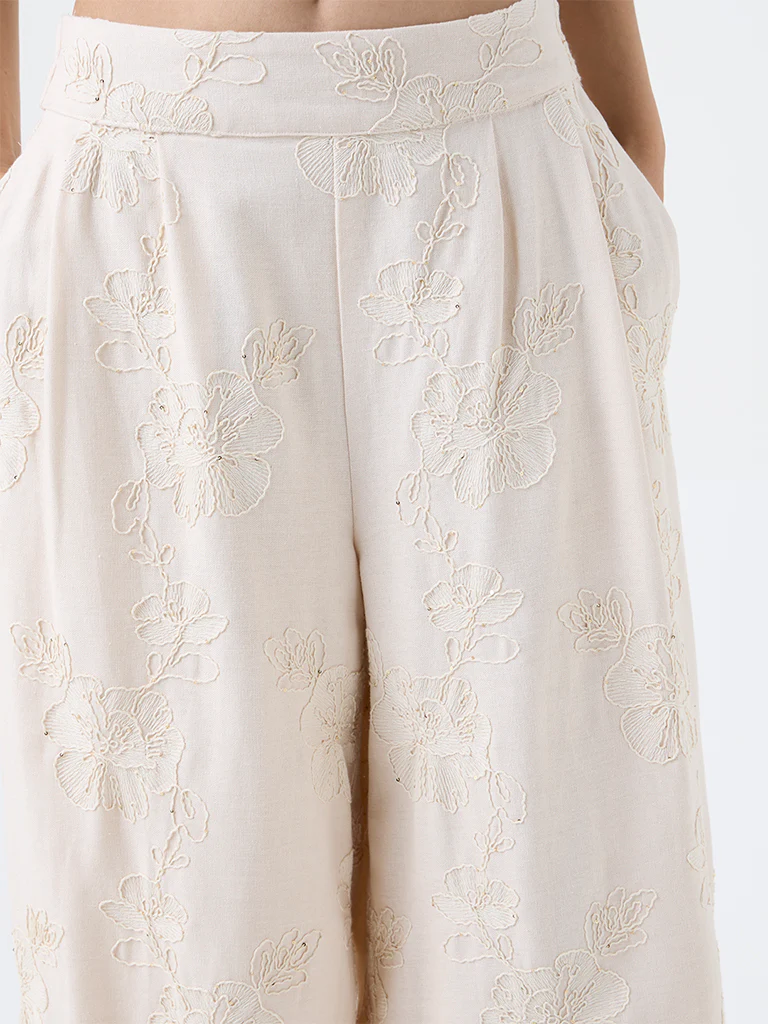 LOV Beige Floral Embroidered High-Rise Trousers - Image 3