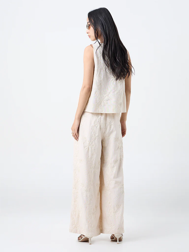 LOV Beige Floral Embroidered High-Rise Trousers - Image 4