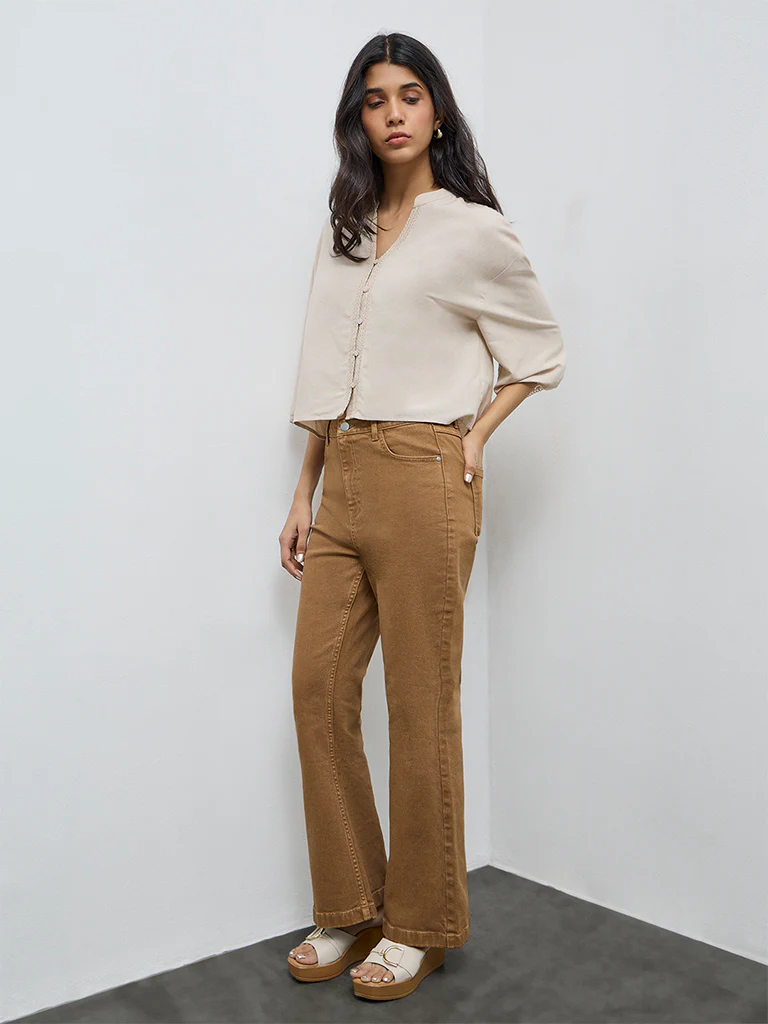 LOV Beige Lace Detailed Cotton-Linen Blend Blouse - Image 2