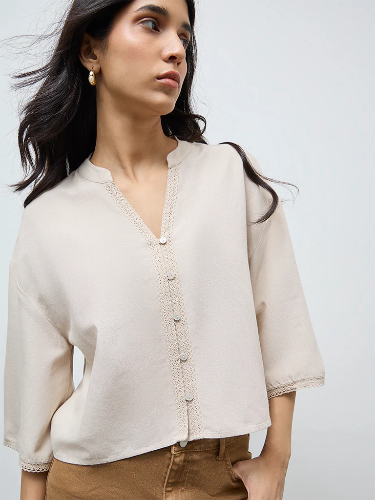 LOV Beige Lace Detailed Cotton-Linen Blend Blouse - Image 3