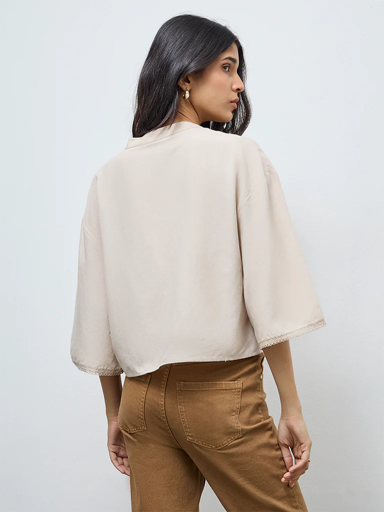 LOV Beige Lace Detailed Cotton-Linen Blend Blouse - Image 4