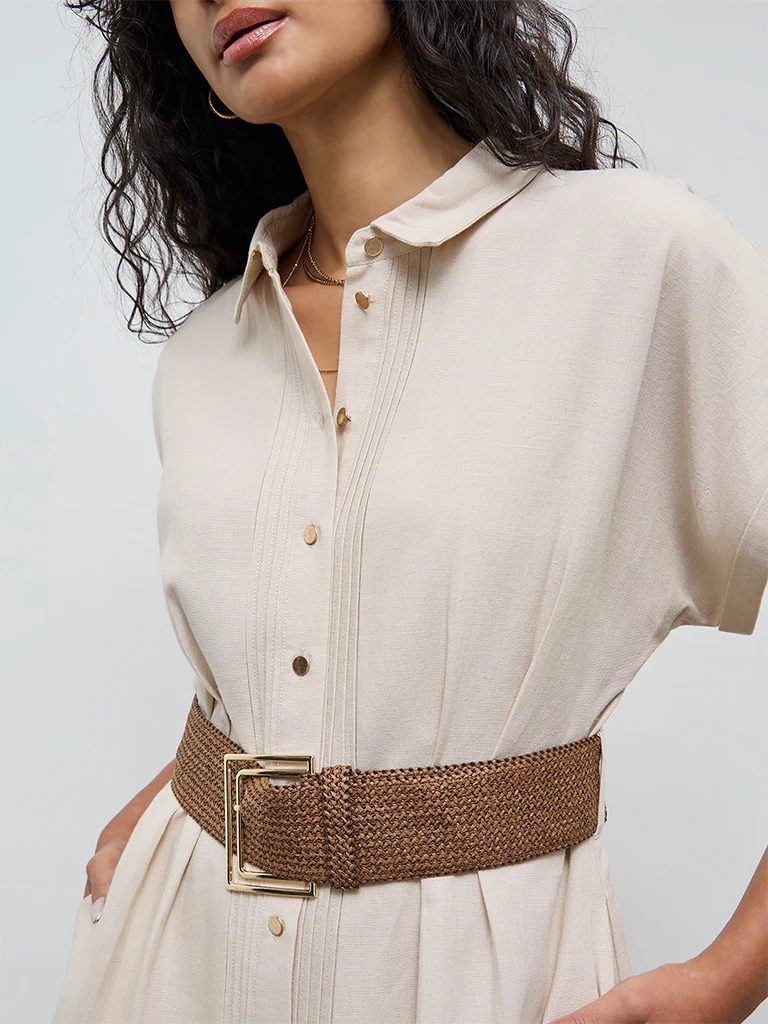 LOV Beige Pintuck Detailed Shirt Dress with Belt - Image 3