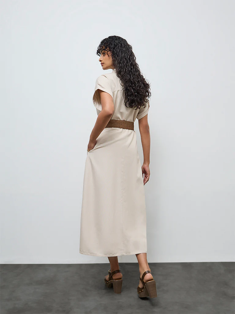 LOV Beige Pintuck Detailed Shirt Dress with Belt - Image 4