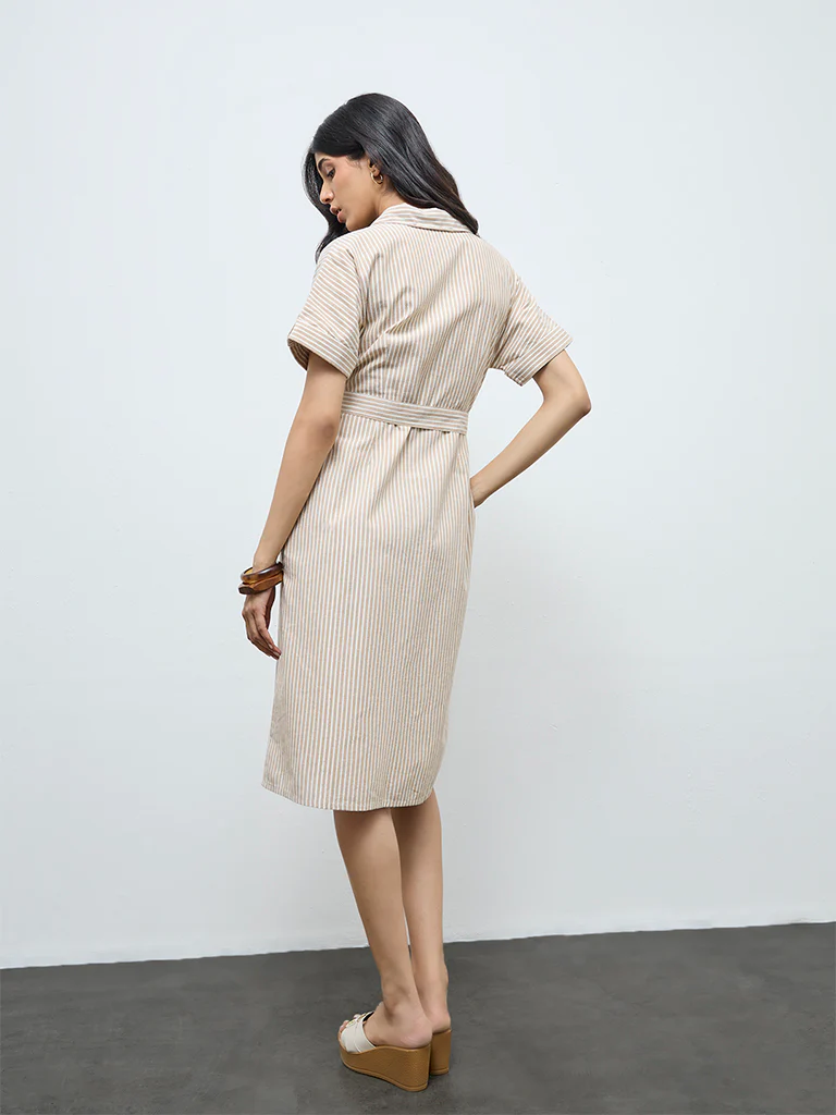 LOV Beige Striped Cotton-Blend Shirt Dress with Belt - Image 4