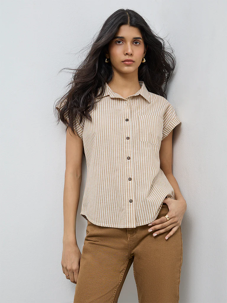 LOV Beige Striped Cotton-Blend Top