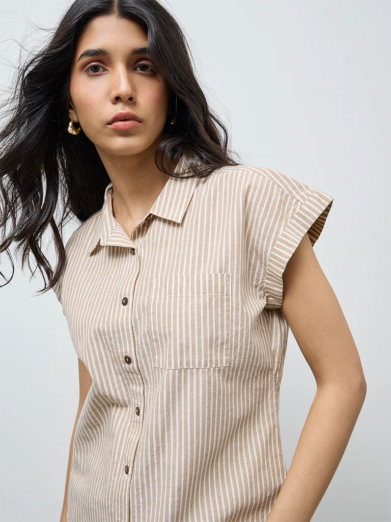 LOV Beige Striped Cotton-Blend Top - Image 3