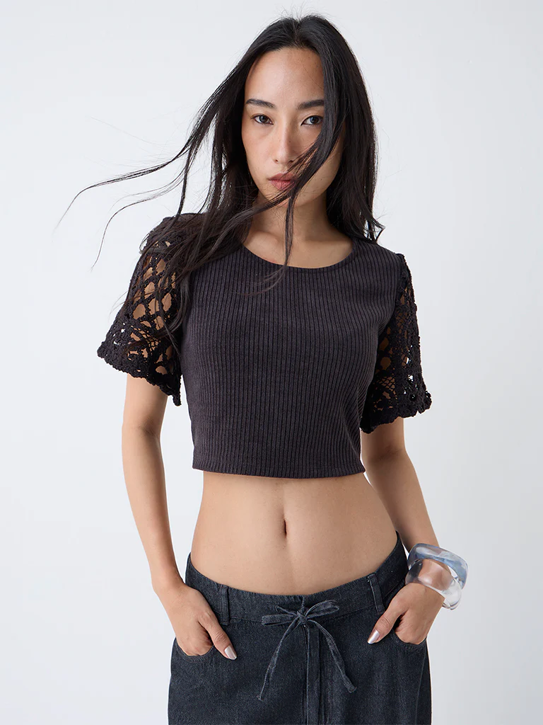 LOV Black Crochet-Detailed Ribbed Top