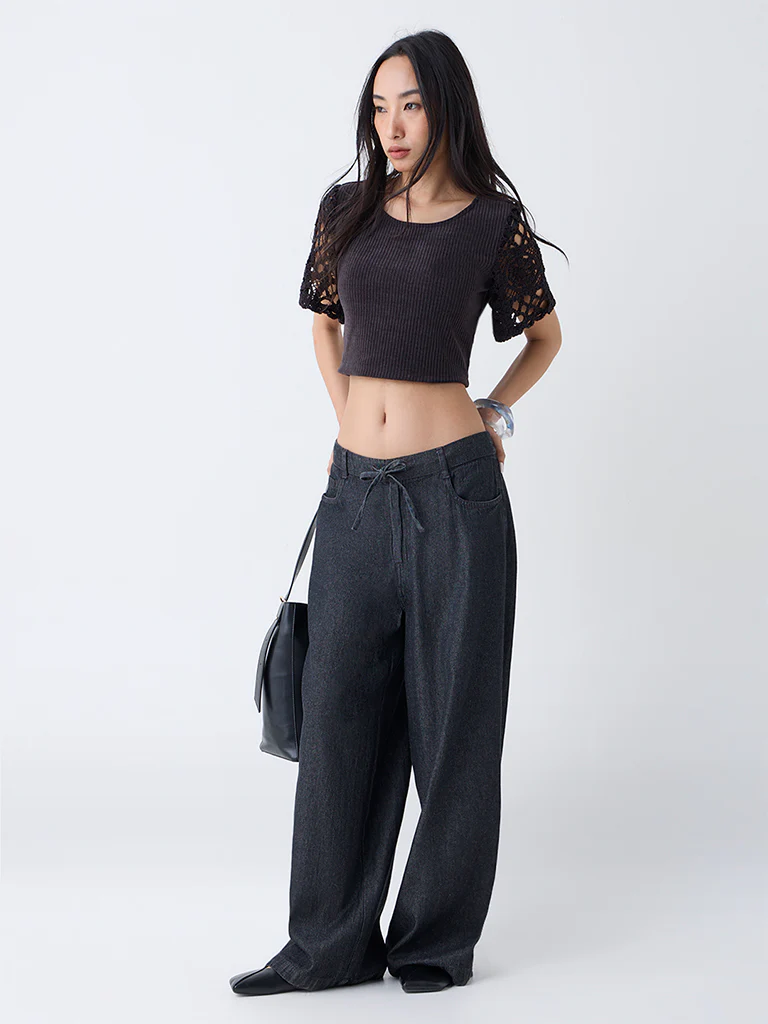LOV Black Crochet-Detailed Ribbed Top - Image 2