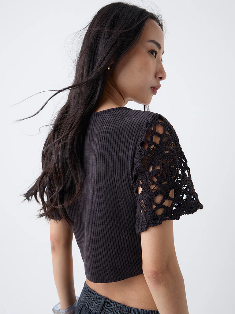 LOV Black Crochet-Detailed Ribbed Top - Image 4