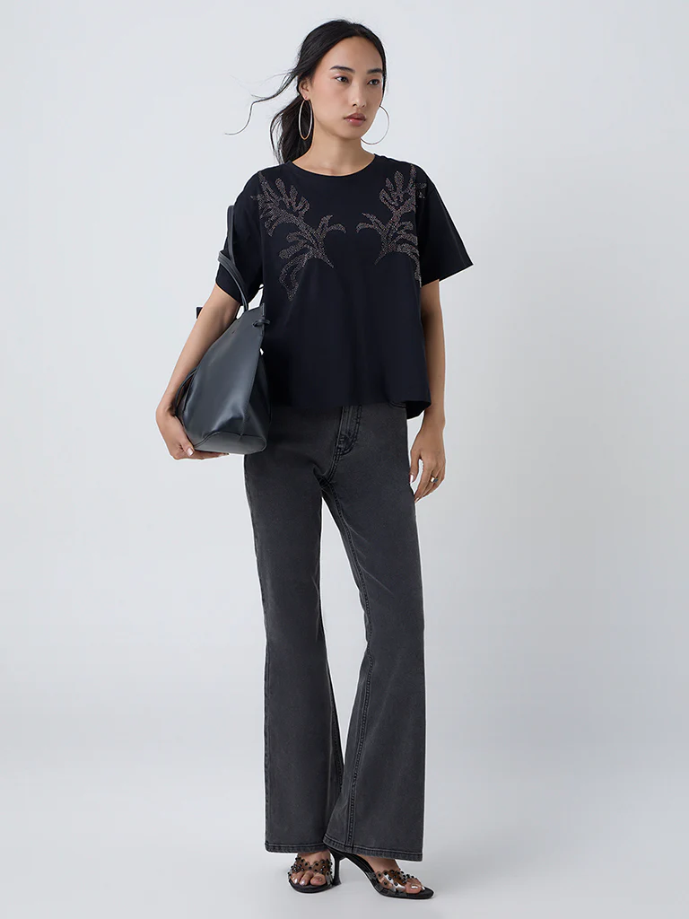 LOV Black Embellished Cotton T-Shirt - Image 2
