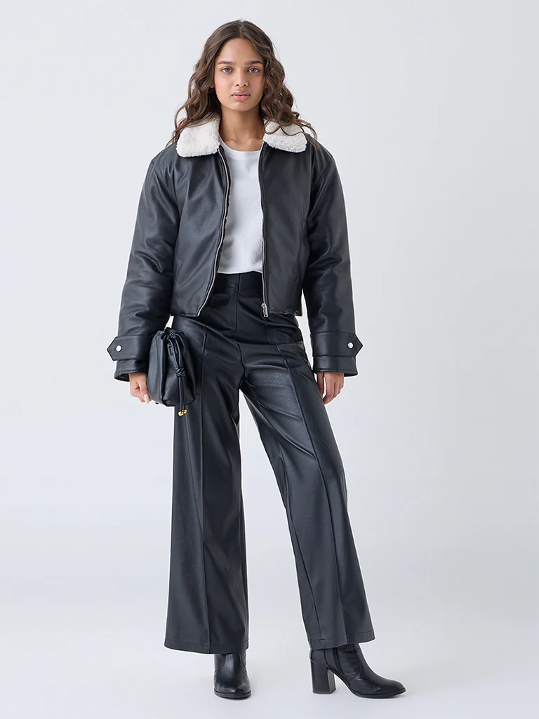 LOV Black Faux Leather Bomber Jacket - Image 2