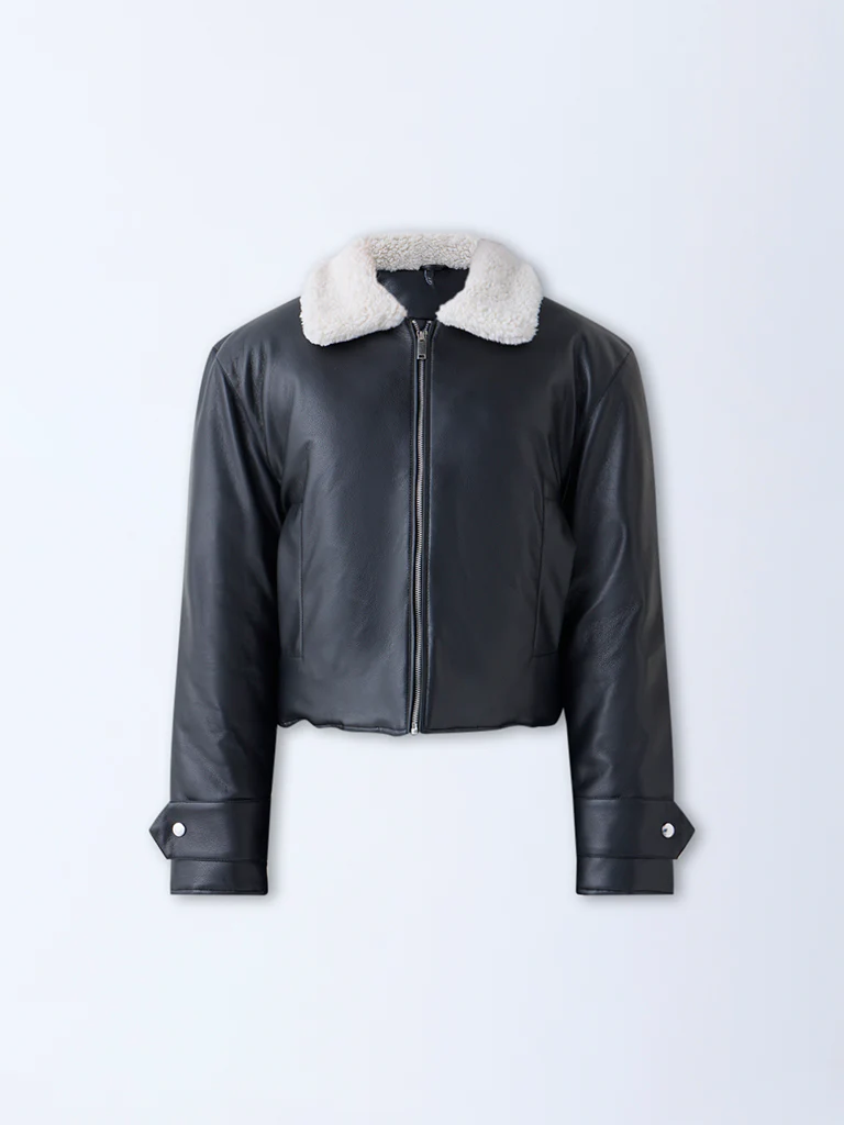 LOV Black Faux Leather Bomber Jacket - Image 5