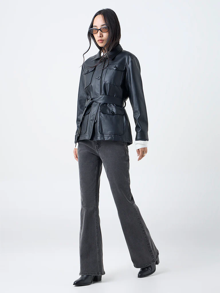 LOV Black Faux Leather Jacket with Belt - Image 2