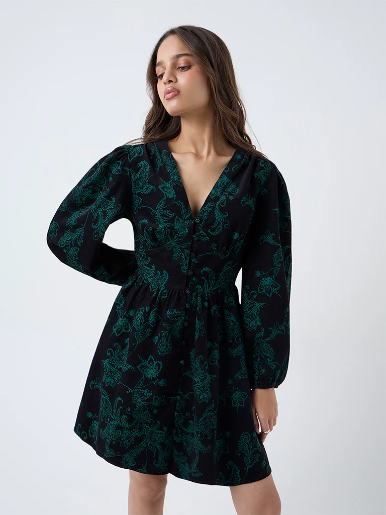 LOV Black Floral Design Cotton A-Line Dress - Image 2