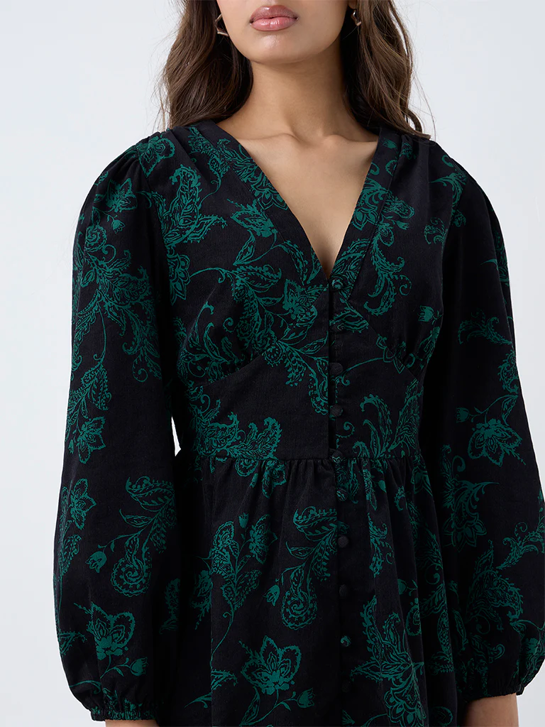 LOV Black Floral Design Cotton A-Line Dress - Image 3
