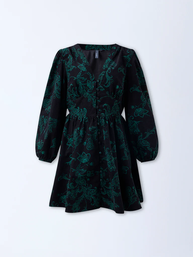 LOV Black Floral Design Cotton A-Line Dress - Image 5
