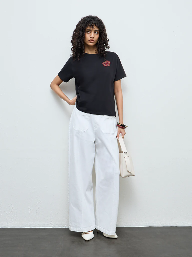 LOV Black Floral Embellished Cotton T-Shirt - Image 2