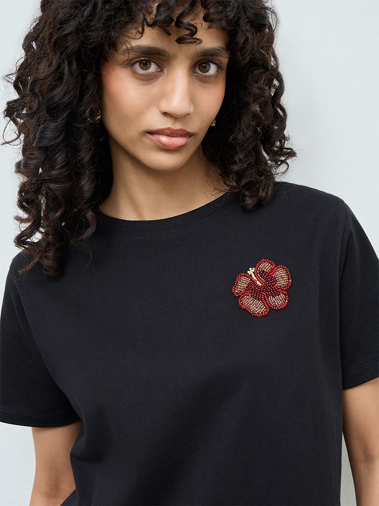 LOV Black Floral Embellished Cotton T-Shirt - Image 3