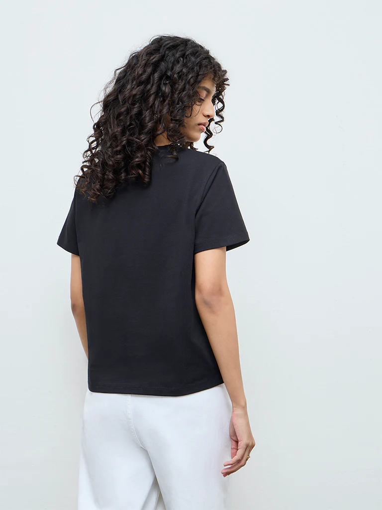 LOV Black Floral Embellished Cotton T-Shirt - Image 4
