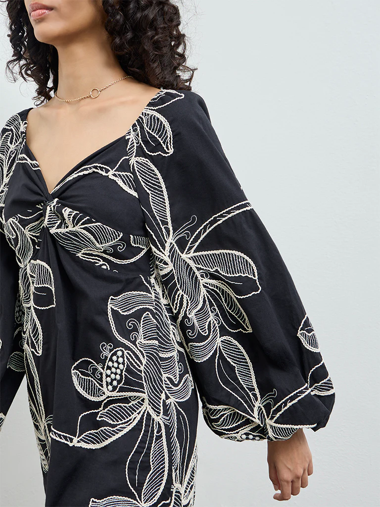 LOV Black Floral Embroidered Cotton A-Line Dress - Image 3