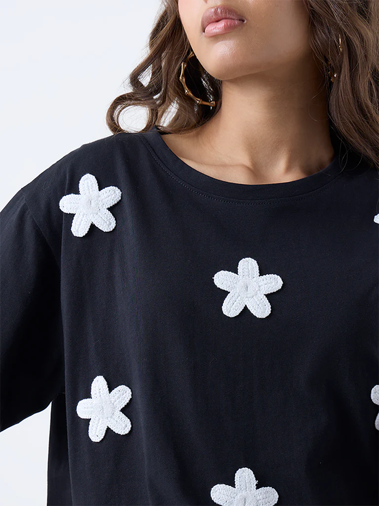 LOV Black Floral Embroidered Cotton T-Shirt - Image 3