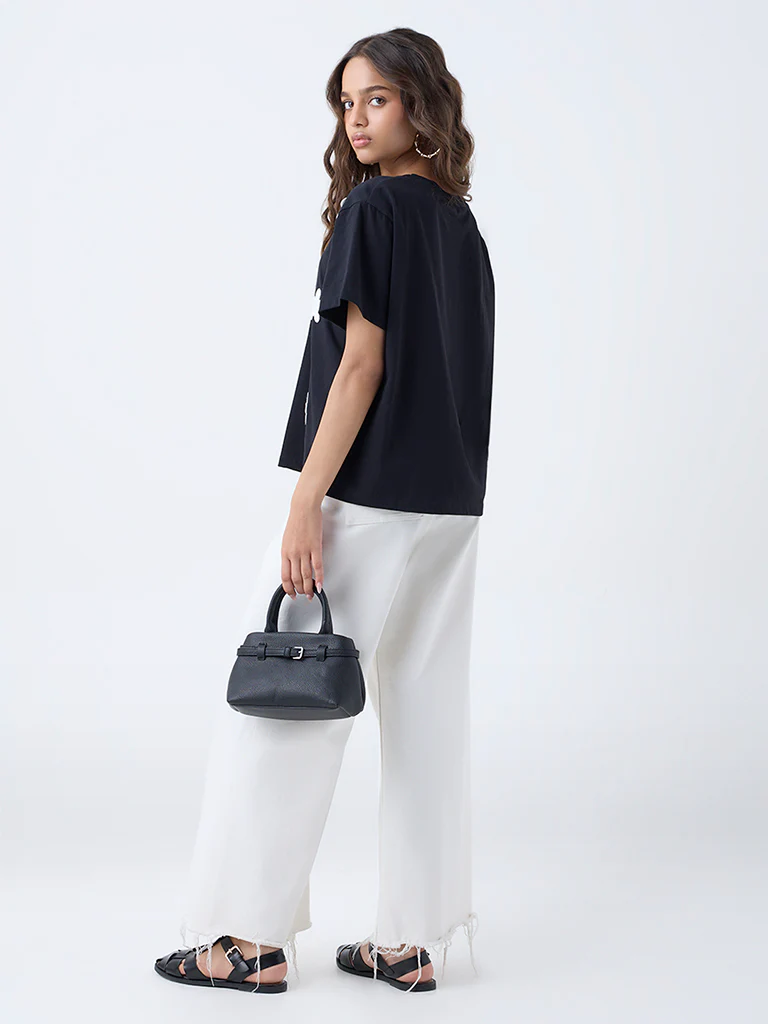 LOV Black Floral Embroidered Cotton T-Shirt - Image 4