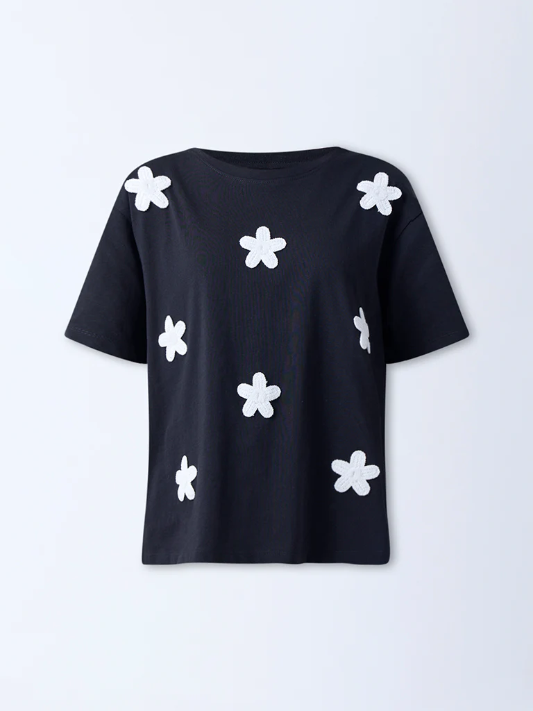 LOV Black Floral Embroidered Cotton T-Shirt - Image 5