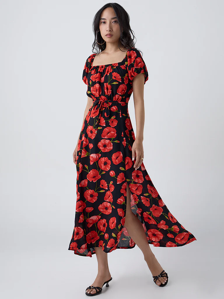 LOV Black Floral Pattern A-Line Dress