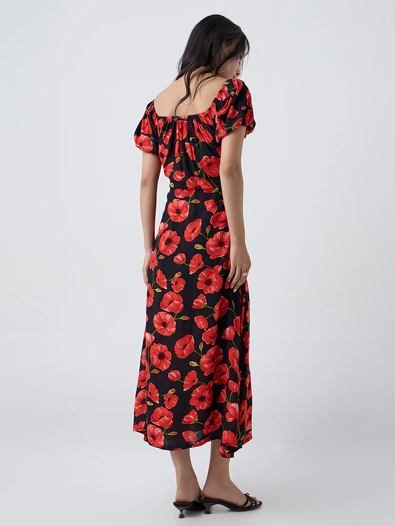 LOV Black Floral Pattern A-Line Dress - Image 4