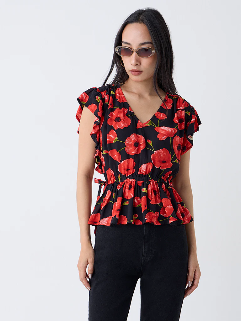 LOV Black Floral Pattern Peplum Top - Image 2