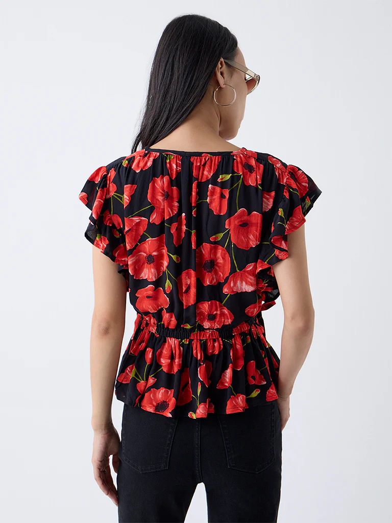 LOV Black Floral Pattern Peplum Top - Image 4