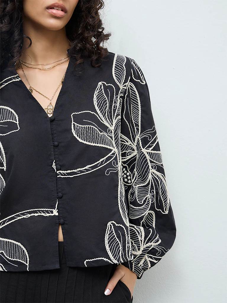 LOV Black Foliage Embroidered Cotton Blouse - Image 3