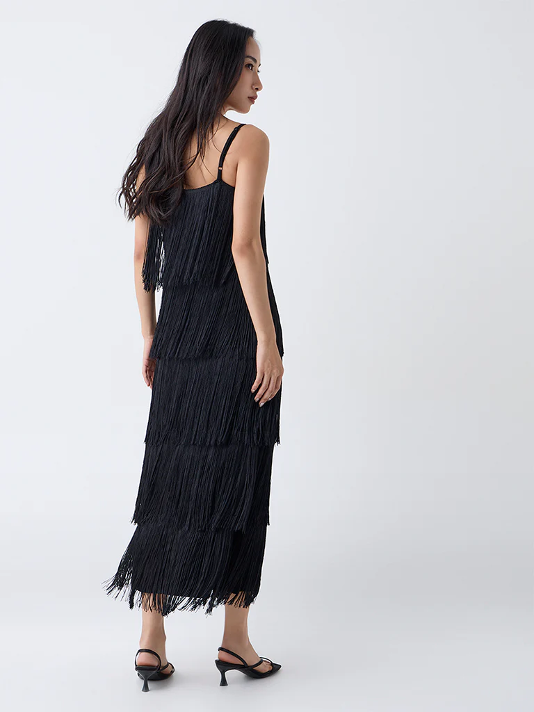 LOV Black Fringe-Detailed Straight Dress - Image 4