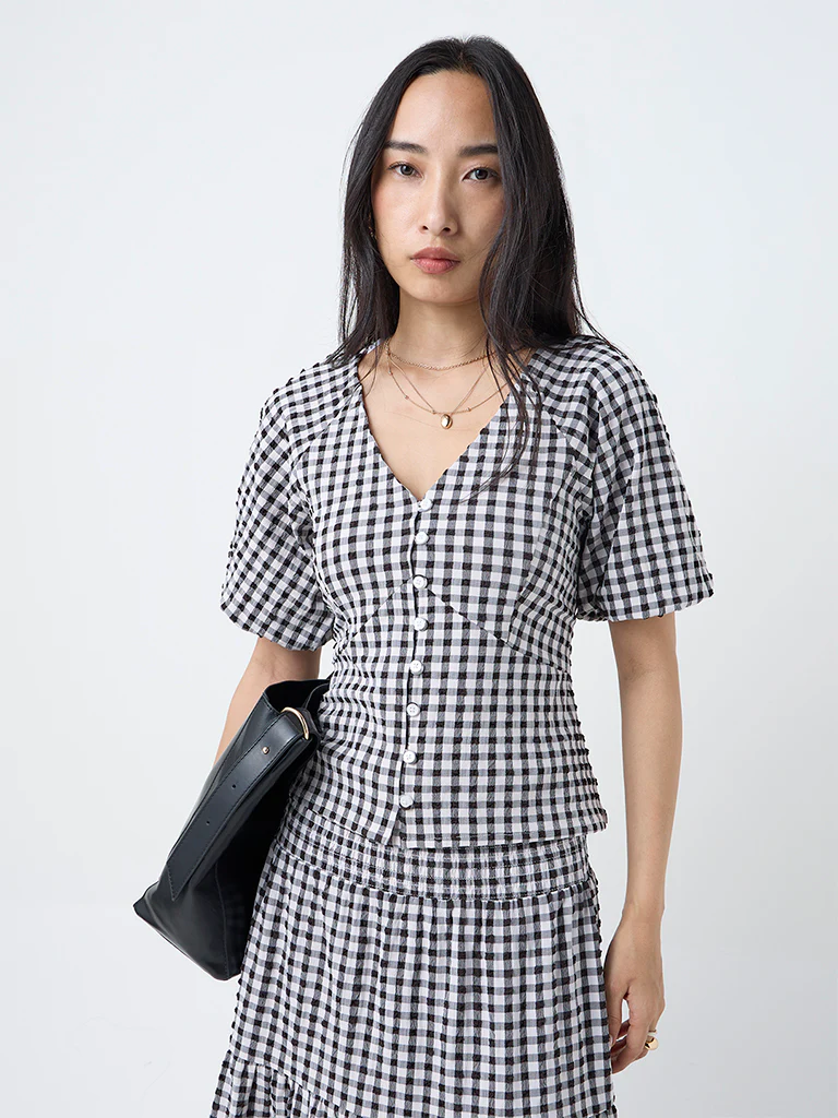 LOV Black Gingham Checkered Top