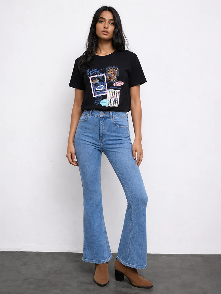 LOV Black Graphic Printed Cotton T-Shirt