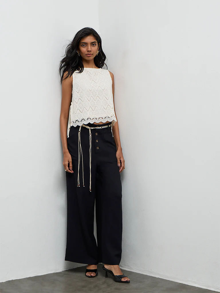 LOV Black High-Rise Linen Trousers with Belt