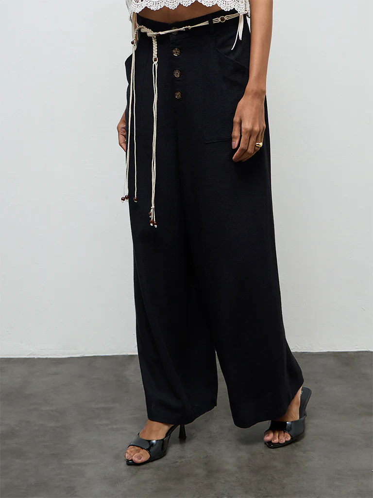 LOV Black High-Rise Linen Trousers with Belt - Image 2