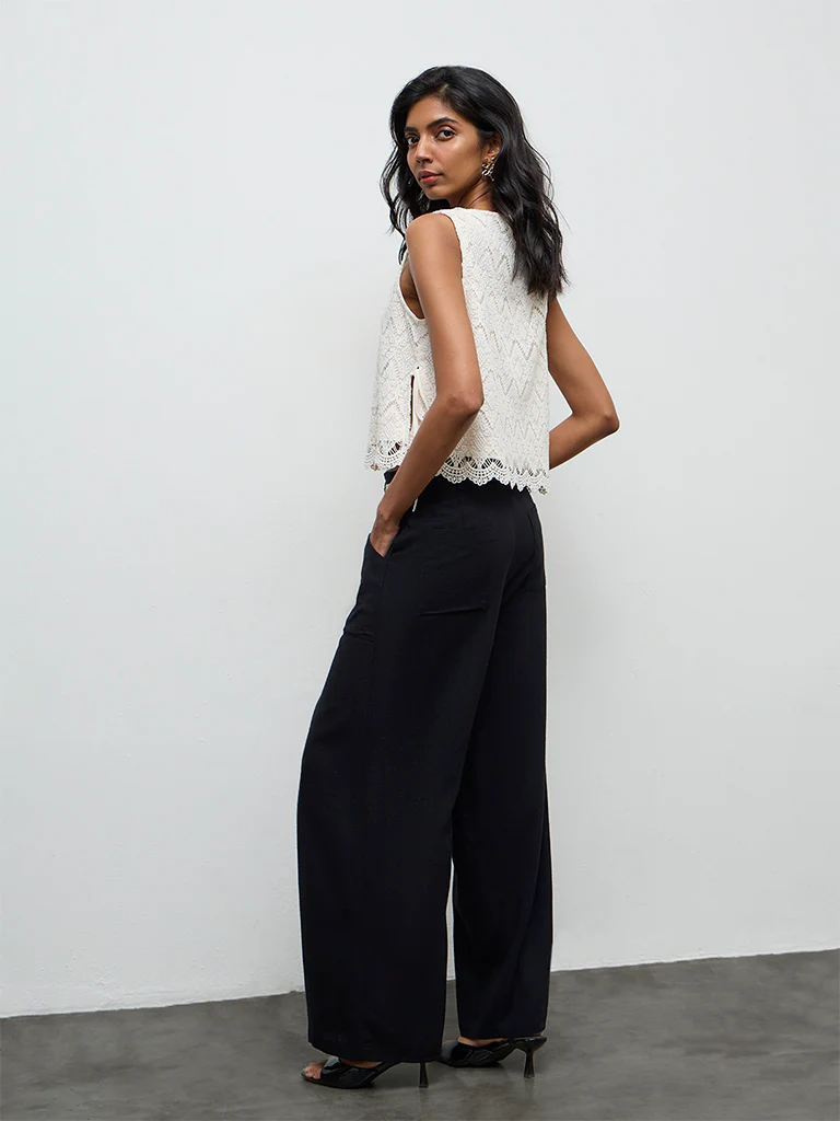 LOV Black High-Rise Linen Trousers with Belt - Image 4
