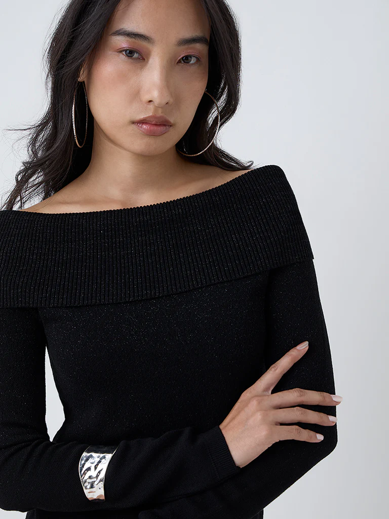 LOV Black Knit-Textured Off-Shoulder Top - Image 3
