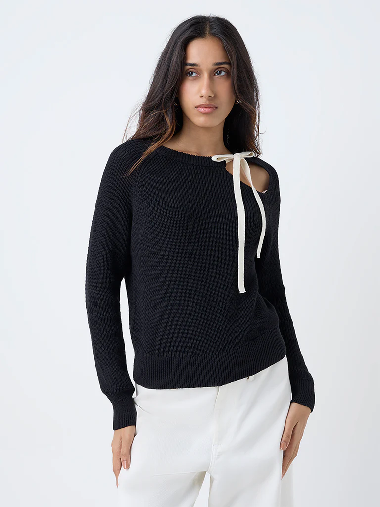 LOV Black Knitted Bow-Detail Cotton-Blend Sweater - Image 2