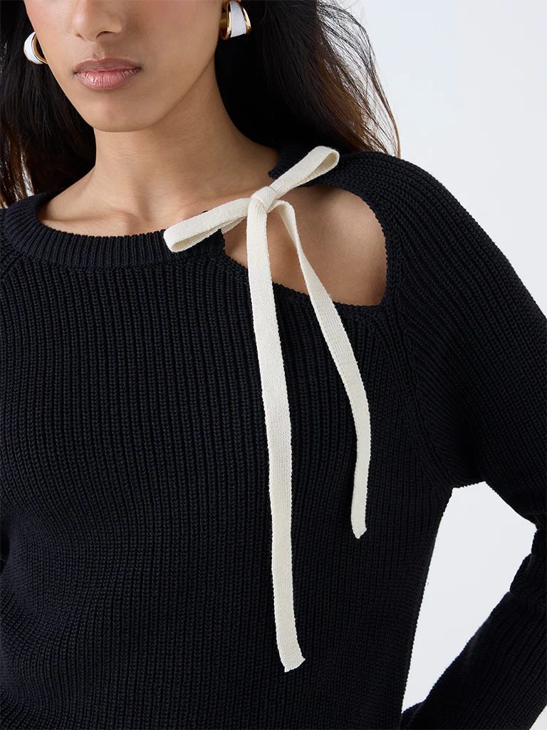 LOV Black Knitted Bow-Detail Cotton-Blend Sweater - Image 3