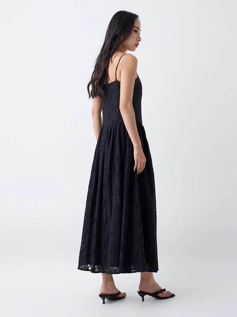 LOV Black Lace Detailed Cotton A-Line Dress - Image 4