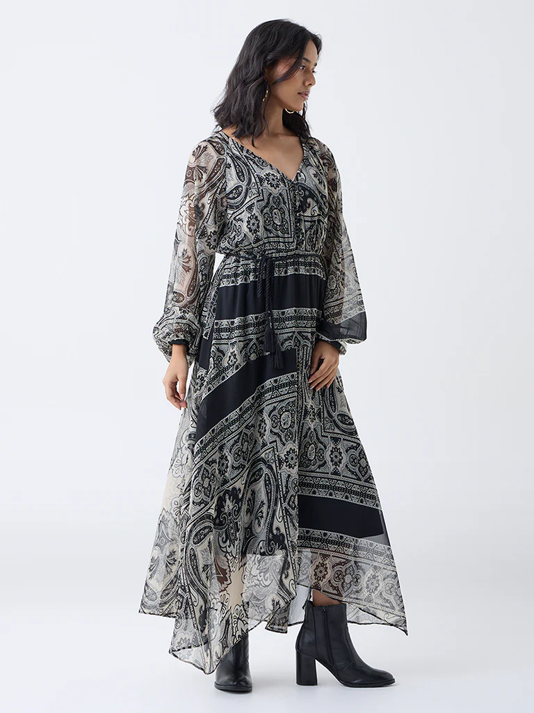 LOV Black Paisley Printed Asymmetric Dress with Belt - Image 2