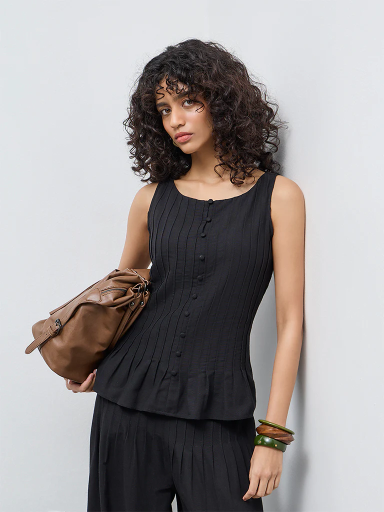 LOV Black Pintuck-Detailed Top