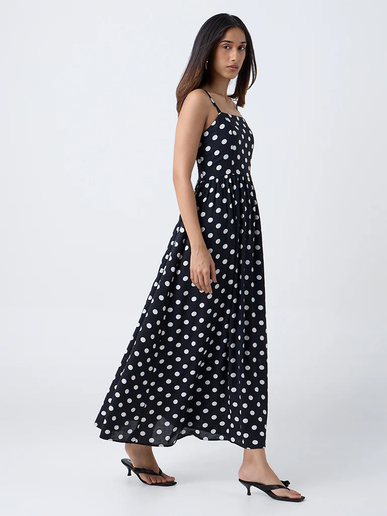 LOV Black Polka Dotted Cotton A-Line Dress - Image 2