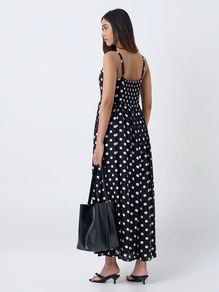 LOV Black Polka Dotted Cotton A-Line Dress - Image 4