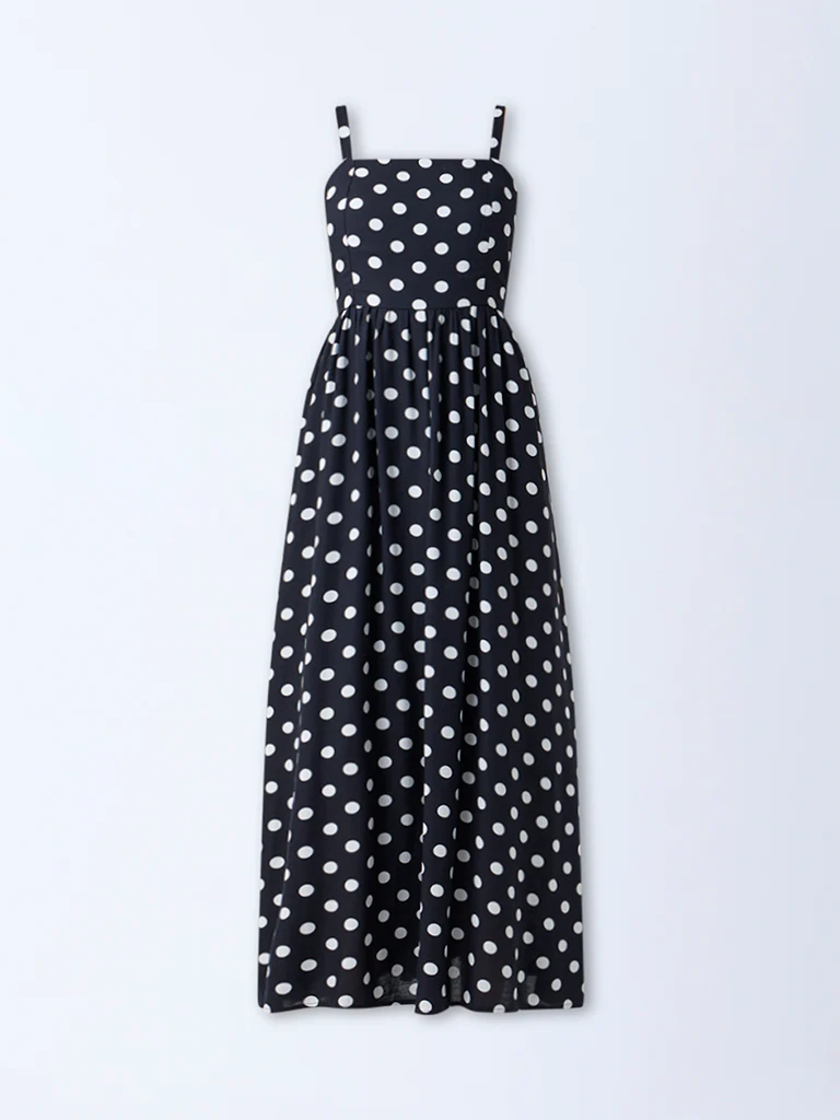 LOV Black Polka Dotted Cotton A-Line Dress - Image 5